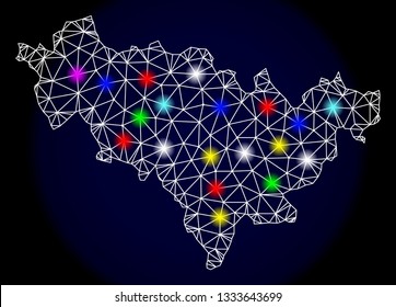 Mesh vector map of Jilin Province with glare effect on a dark background. Abstract lines, triangles, light colorful spots and points forms map of Jilin Province.