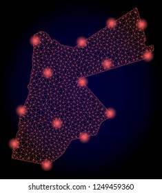 Mesh vector map of Jordan with glare effect. Red abstract lines, light spots and points on a dark background with map of Jordan.