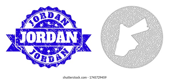 Mapa vectorial de malla de Jordania con sello de foca rayado. El mapa triangular de malla de Jordania es de patrones en forma redonda. Sello de rayado azul redondo con cinta adhesiva.