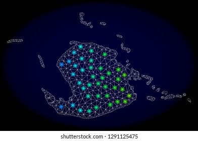 Mesh vector map of Juventud Island with glare effect on a dark background. Light spots have bright spectrum colors. Abstract lines, triangles, light spots and points forms map of Juventud Island.