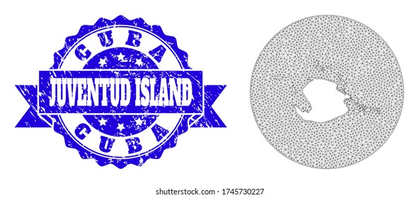 Mesh vector map of Juventud Island with scratched seal stamp. Triangular net map of Juventud Island is a hole in a round shape. Blue round textured seal stamp with ribbon.