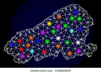 Mesh vector map of Kahoolawe Island with glare effect on a dark background. Abstract lines, triangles, light colorful spots and points forms map of Kahoolawe Island.
