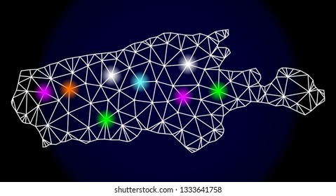 Mesh vector map of Kangaroo Island with glare effect on a dark background. Abstract lines, triangles, light colorful spots and points forms map of Kangaroo Island.