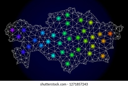 Mesh vector map of Kazakhstan with glare effect. Light spots have bright spectrum colors. Abstract lines, triangles, light spots and points on a dark background with map of Kazakhstan.