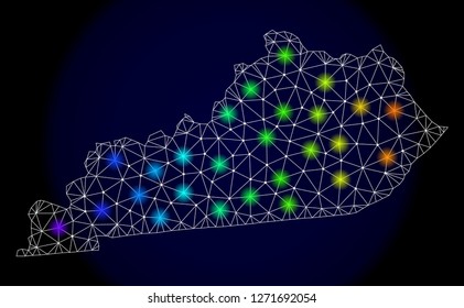 Mesh vector map of Kentucky State with glare effect. Light spots have bright spectrum colors. Abstract lines, triangles, light spots and points on a dark background with map of Kentucky State.