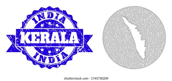 Mesh vector map of Kerala State with scratched stamp. Triangle mesh map of Kerala State is stencils in a round shape. Blue rosette scratched seal with ribbon.