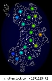 Mesh vector map of Ko Tao with glare effect on a dark background. Light spots have bright spectrum colors. Abstract lines, triangles, light spots and points forms map of Ko Tao.