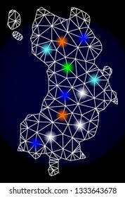 Mesh vector map of Ko Tao with glare effect on a dark background. Abstract lines, triangles, light colorful spots and points forms map of Ko Tao.