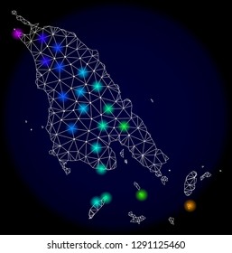 Mesh vector map of Koh Chang with glare effect on a dark background. Light spots have bright rainbow colors. Abstract lines, triangles, light spots and points forms map of Koh Chang.