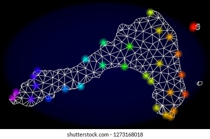 Mesh vector map of Koh Lipe with glare effect. Light spots have bright spectrum colors. Abstract lines, triangles, light spots and points on a dark background with map of Koh Lipe.