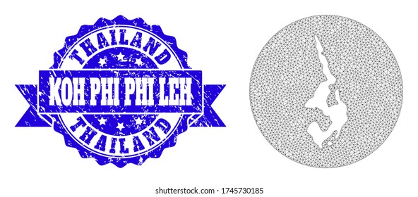 Mesh vector map of Koh Phi Leh with grunge seal stamp. Triangle mesh map of Koh Phi Leh is a hole in a circle. Blue rounded distress seal stamp has ribbon.