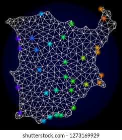 Mesh vector map of Koh Samui with glare effect. Light spots have bright rainbow colors. Abstract lines, triangles, light spots and points on a dark background with map of Koh Samui.