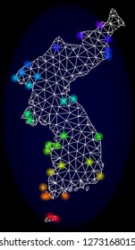 Mesh vector map of Korea with glare effect. Light spots have bright rainbow colors. Abstract lines, triangles, light spots and points on a dark background with map of Korea.
