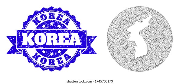 Mesh vector map of Korea with grunge stamp. Triangular mesh map of Korea is cut out from a circle. Blue rosette textured seal stamp with ribbon.