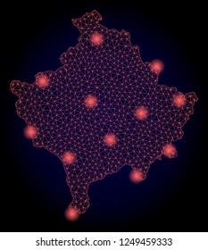Mesh vector map of Kosovo with glare effect. Red abstract lines, light spots and points on a dark background with map of Kosovo.