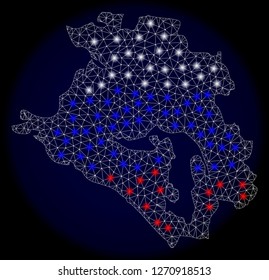 Mesh vector map of Krasnodarskiy Kray with glare effect in Russian official flag colors. Abstract lines, triangles, light spots and points on dark background with map of Krasnodarskiy Kray.