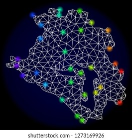 Mesh vector map of Krasnodarskiy Kray with glare effect. Light spots have bright rainbow colors. Abstract lines, triangles, light spots and points on a dark background with map of Krasnodarskiy Kray.