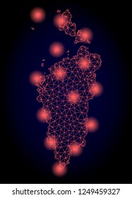 Mesh vector map of Krasnoyarskiy Kray with glare effect. Red abstract lines, light spots and points on a dark background with map of Krasnoyarskiy Kray.