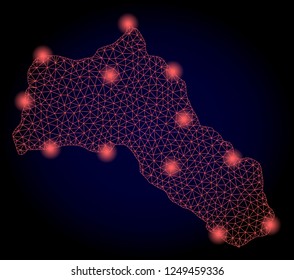 Mesh vector map of Kurdistan with glare effect. Red abstract lines, light spots and points on a dark background with map of Kurdistan.