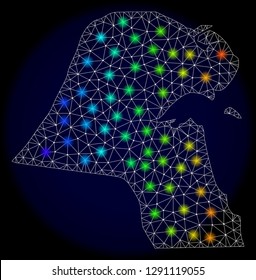 Mesh vector map of Kuwait with glare effect on a dark background. Light spots have bright rainbow colors. Abstract lines, triangles, light spots and points forms map of Kuwait.