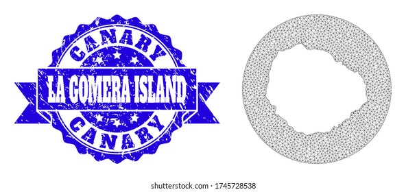 Mesh vector map of La Gomera Island with scratched seal stamp. Triangle mesh map of La Gomera Island is subtracted from a circle. Blue rosette scratched seal with ribbon.