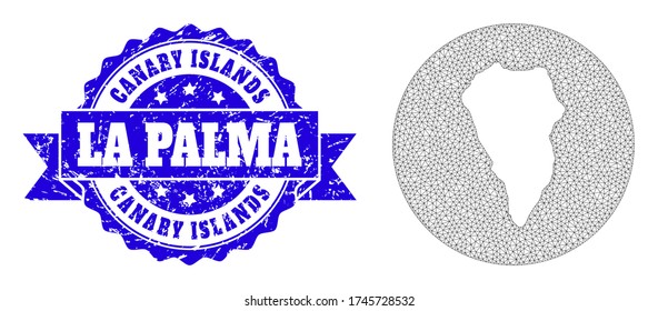 Mesh vector map of La Palma Island with grunge seal stamp. Triangular mesh map of La Palma Island is cut out from a round shape. Blue rounded grunge stamp with ribbon.