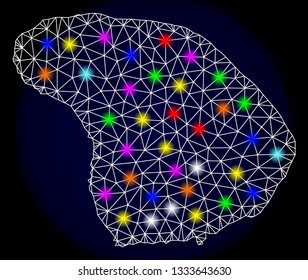 Mesh vector map of Lanai Island with glare effect on a dark background. Abstract lines, triangles, light colored spots and points forms map of Lanai Island.