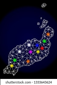 Mesh vector map of Lanzarote Islands with glare effect on a dark background. Abstract lines, triangles, light colorful spots and points forms map of Lanzarote Islands.
