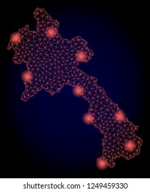 Mesh vector map of Laos with glare effect. Red abstract lines, light spots and points on a dark background with map of Laos.