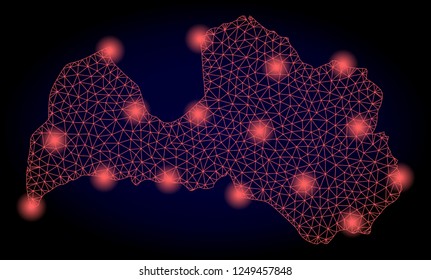 Mesh vector map of Latvia with glare effect. Red abstract lines, light spots and points on a dark background with map of Latvia.