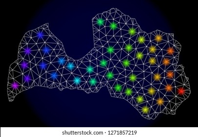 Mesh vector map of Latvia with glare effect. Light spots have bright spectrum colors. Abstract lines, triangles, light spots and points on a dark background with map of Latvia.