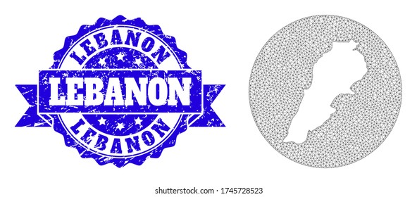 Mesh vector map of Lebanon with grunge stamp. Triangle mesh map of Lebanon is cut out from a circle. Blue round grunge watermark with ribbon.
