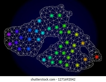 Mesh vector map of Lesbos Island with glare effect. Light spots have bright spectrum colors. Abstract lines, triangles, light spots and points on a dark background with map of Lesbos Island.