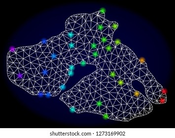 Mesh vector map of Lesbos Island with glare effect. Light spots have bright spectrum colors. Abstract lines, triangles, light spots and points on a dark background with map of Lesbos Island.
