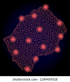 Mesh vector map of Lesotho with glare effect. Red abstract lines, light spots and points on a dark background with map of Lesotho.