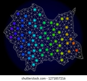 Mesh vector map of Lesser Poland Voivodeship with glare effect. Light spots have bright spectrum colors. Abstract lines, triangles,