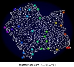 Mesh vector map of Lesser Poland Province with glare effect. Light spots have bright spectrum colors. Abstract lines, triangles,