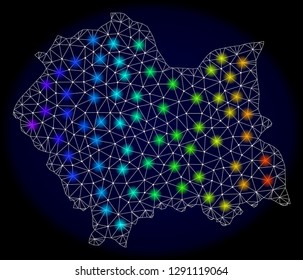 Mesh vector map of Lesser Poland Province with glare effect on a dark background. Light spots have bright rainbow colors. Abstract lines, triangles,