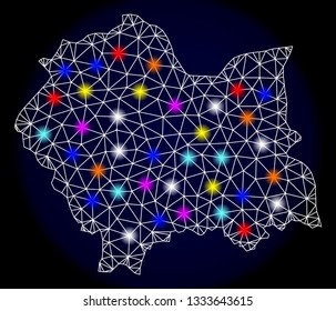 Mesh vector map of Lesser Poland Province with glow effect on a dark background. Abstract lines, triangles, light colorful spots and points forms map of Lesser Poland Province.