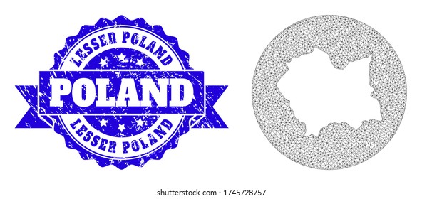 Mesh vector map of Lesser Poland Province with grunge seal stamp. Triangle mesh map of Lesser Poland Province is stencils in a round shape. Blue round scratched stamp with ribbon.