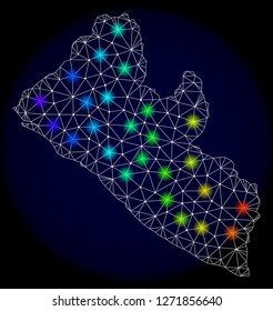 Mesh vector map of Liberia with glare effect. Light spots have bright spectrum colors. Abstract lines, triangles, light spots and points on a dark background with map of Liberia.
