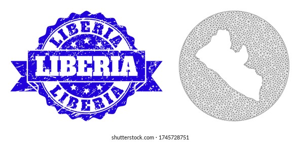 Mesh vector map of Liberia with scratched seal. Triangular mesh map of Liberia is carved in a round shape. Blue round grunge watermark with ribbon.