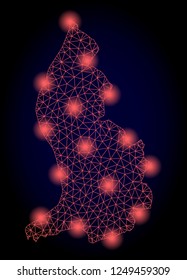 Mesh vector map of Liechtenstein with glare effect. Red abstract lines, light spots and points on a dark background with map of Liechtenstein.
