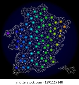 Mesh vector map of Limburg Province with glare effect on a dark background. Light spots have bright rainbow colors. Abstract lines, triangles, light spots and points forms map of Limburg Province.