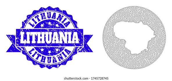 Mesh vector map of Lithuania with scratched stamp. Triangle net map of Lithuania is cut out from a round shape. Blue round distress stamp with ribbon.