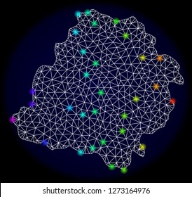 Mesh vector map of Lodz Province with glare effect. Light spots have bright rainbow colors. Abstract lines, triangles, light spots and points on a dark background with map of Lodz Province.