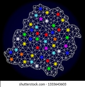 Mesh vector map of Lodz Province with glare effect on a dark background. Abstract lines, triangles, light colorful spots and points forms map of Lodz Province.