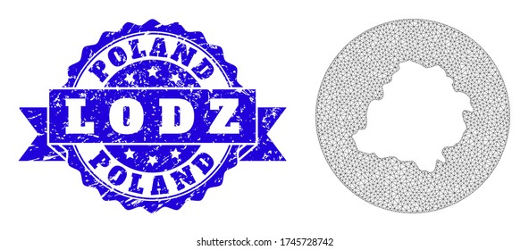 Mesh vector map of Lodz Province with scratched seal. Triangle mesh map of Lodz Province is a hole in a circle. Blue rosette scratched stamp with ribbon.