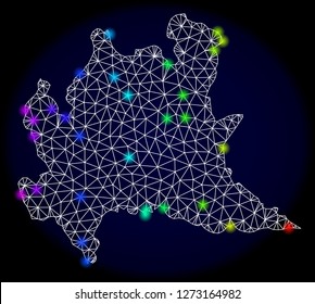 Mesh vector map of Lombardy region with glare effect. Light spots have bright spectrum colors. Abstract lines, triangles, light spots and points on a dark background with map of Lombardy region.
