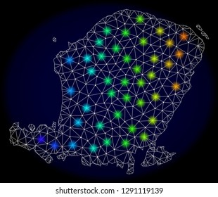Mesh vector map of Lombok Island with glare effect on a dark background. Light spots have bright spectrum colors. Abstract lines, triangles, light spots and points forms map of Lombok Island.